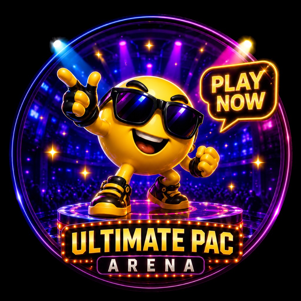 Ultimate Pac Arena — a yellow arcade character in sunglasses on a neon stage with a Play Now speech bubble.